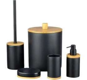 Resim Tohana Seramik Banyo Seti Siyah - Bambu Malzemeden Yapılmış Beşli Set Modern Tasarım 