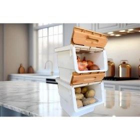 Resim Geseus Motek Patateslik Soğanlık Sepeti , Oyuncak Kutusu , Sebzelik Tekerlekli Organızer Çok Amaçlı Kutu 2X12LT-BAMBU+KREM 