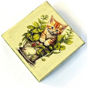 Resim Uretti - Hülya 6683 3858 El Yapımı Nostaljik Retro Kedi Baskılı Kare Ahşap Dekoratif Saklama / Takı Kutusu - Yeşil 