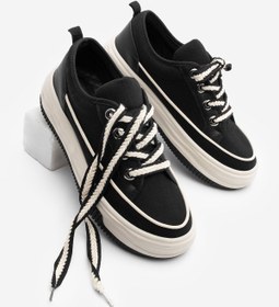 Resim Marjin Kadın Yüksek Taban Sneaker Keten Kumaş Bağcıklı Spor Ayakkabı Hesna siyah 