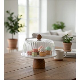 Resim 25 cm Beyaz Mermer Fanuslu Kek Standı Natürel Ayaklı Yuvarlak Desenli 2 Adet 