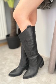 Resim Preshley Kadın Jasire Siyah Deri Nakışlı Western Kovboy Cowgirl Bot Çizme 