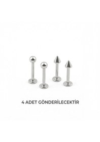 Resim 4'lü Kararmaz Çelik Top Ve Koni Uçlu Labret Piercing Seti Tragus Helix Dudak Burun Conch Kıkırdak Gümüş 