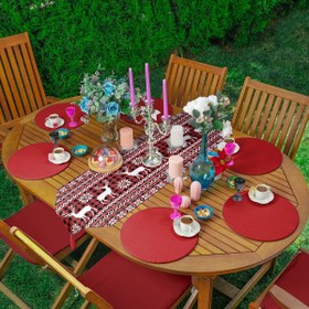 Resim Yılbaşı Temalı Geyik Motifli Üçgen Püsküllü Runner 1 Adet ve 6 Adet Bordo Renkli Supla 