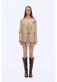 Resim Quzu 00823 Kontrast Yaka Mendil Garnili Oversize Kadın Blazer Ceket Bej 