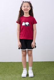 Resim Kız Çocuk Panda Baskılı Biye Detaylı Şortlu Takım - Vişne / 7-8 Yaş 