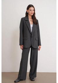 Resim Mixray 4753 Kadın Çizgili Oversize Blazer Ceket Antrasit 