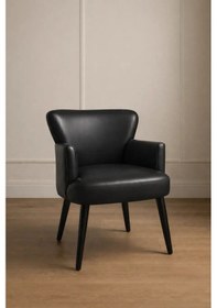 Resim Waterybrook Tekli Berjer Koltuk - Suni Deri - Siyah Ahşap Ayaklı - Modern Retro Tasarım - Ofis Ve Salon Koltuğu Siyah 