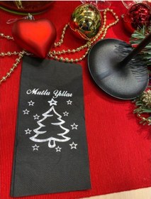 Resim Gümüş Yaldızlı Siyah Mutlu Yıllar Çam Ağacı Garson Katlama Peçete 