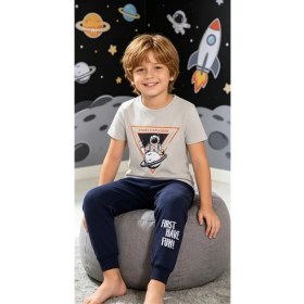 Resim NiCe İç Giyim Astronot Baskı Gri & Siyah Renk Bisiklet Yaka Manşetli Paça Cepli Pamuk Penye Erkek Çocuk Pijama Alt & Üst Takım 