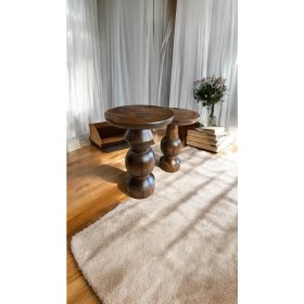 Resim Wood Wooden Ahşap 2'li Set Mantar Yan Sehpa Modern Fiskos / Ceviz Renk / Zigon Sehpa Vernikli 