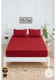 Resim Mirava Premium %100 Pamuk Penye Lastikli Tek Kişilik Çarşaf Takımı 1 Yastık Kılıfı Dahil Bordo 100x200cm Bordo 