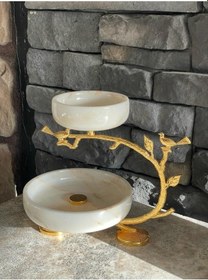 Resim Mermer Dekoratif Gold Aksesuarlı Etajer 2 Katlı İkramlık / Sunum Beyaz 