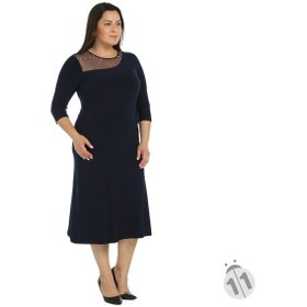 Resim 4089L-Nidya Moda Büyük Beden Tül Kombin Sandy Elbise Lacivert 