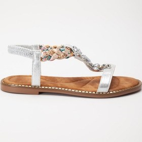 Resim Kadın Düz Topuklu Sandalet Gümüş Taşlı Tokalı Tekbant Örgü Baretli-4037 Gümüş 