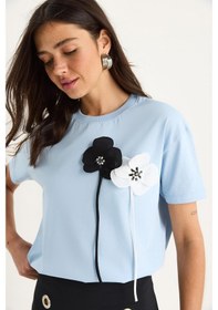 Resim Shade Kadın Aksesuarlı Kısa Kollu Pamuklu T-shirt 60602041 - Mavi 