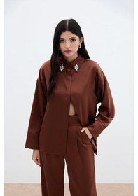 Resim Sateen Aksesuar Detaylı Gömlek - Kahve-135987 Kahve 