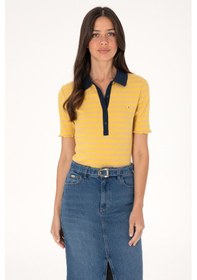 Resim U.S. Polo Assn. Kadın Koyu Sarı Çizgili Polo Yaka Tişört 50306031-VR094 