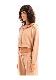 Resim Justever Crop Kapüşonlu Fermuarlı Vizon Kadın Sweatshirt - Atria Vizon 