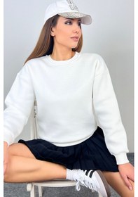 Resim Kadın Cozy İçi Polarlı Ekru Basic Bisiklet Yaka Pamuklu Kalın Örme Sweatshirt Ekru 