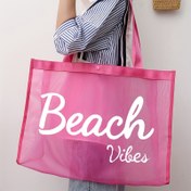 Resim Geniş Kapasiteli "BEACH VIBES" Desenli Şeffaf Pembe File Çanta - Kadınlar, Gençler ve Üniversite Öğrencileri İçin Seyahat, Gezinti ve Alışveriş için Mükemmel Plaj Aksesuarı 