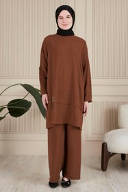Resim Kadin Tesettur Giyim Buyuk Beden Tesettur İkili Takim Ayrobin Pantolon Tunik Takim - Kahverengi / 3XL 