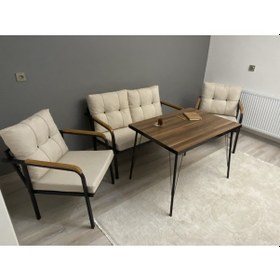 Resim Modern Dünya Balkon, Bahçe, Cafe - Metal Kanepe Koltuk Takımı - 2+1+1 + Masa Krem Modernsh35 Krem 