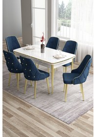 Resim Canisa Tia Serisi 80x132 Açılabilir Mdf Mutfak Masası Takımı Beyaz Masa Gold Detay 6 Lacivert Sandalye Masa Beyaz Sandalye Lacivert 