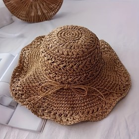 Resim Vintage Bohemian Geniş Kenarlı Hasır Güneş Şapkası - Kadınlar İçin Katlanabilir, Hafif Yaz Plaj Şapkası, Koruma, Düğüm Detayı, Seyahat ve Açık Hava Aktiviteleri İçin Mükemmel, Katlanabilir Seyahat Şapkası | Bohem Tarzı Şapka | Tekstür 