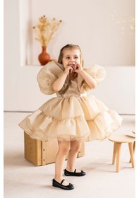 Resim Linola Baby Kids Puffy Şifon Kız Çocuk Parti Elbisesi Bej 