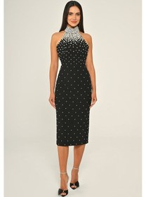 Resim Halter Yaka Boncuklu Krep Midi Abiye Elbise Alfa Beta Siyah 