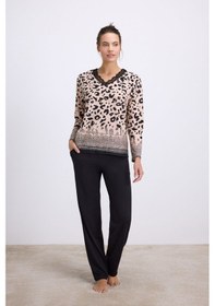 Resim Man11540-1002 Anil Ev Giyim Anıl Kadın Uzun Kollu Dantelli Yaka Leopar Desenli T-shirt Ve Pantolon Pijama Takımı 11540 Siyah 