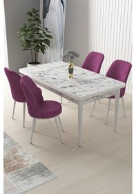 Resim Canisa Nil Serisi 70x110 Sabit Mutfak Masası Takımı Beyaz Mermer Desen Masa 4 Mor Sandalye Masa Beyaz Mermer Desen Sandalye Mor 