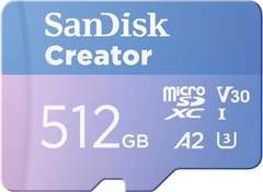 Resim SanDisk Creator 512GB 190/130MB/s microSDXC UHS-I A2 V30 Adaptörlü Hafıza Kartı SDSQXAV-512G-IN6MS 