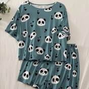 Resim Kadınlar için Panda Baskılı Pijama Takımı - Rahat Kısa Kollu ve Şortlu Rahat Giyim, Siyah Panda Baskılı Açık Mavi, Bahar/Yaz/Sonbahar için Mükemmel, Rahat Uyku Giyimi|Canlı Rahat Giyim|Esnek Kumaş 