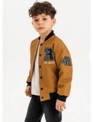 Resim Çıtçıtlı Ribanalı Rock Nakışlı Erkek Çocuk Deri Ceket Hardal 