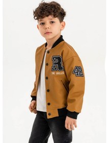 Resim Çıtçıtlı Ribanalı Rock Nakışlı Erkek Çocuk Deri Ceket Hardal 