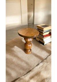 Resim Wooden Ahşap Tekli Mantar Yan Sehpa Modern Tik Ağacı Renk Fiskos Kahverengi 