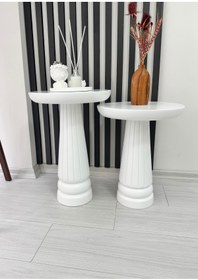 Resim AYLESA Doğal Ahşap 2’li Set Mantar Yan Sehpa Modern Beyaz Renk Fiskos Zigon Çiçeklik 