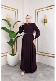 Resim Nevayla Moda Yaka Ve Bel Nakış Detaylı Ferace - Mürdüm / F0143 Mürdüm 