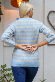 Resim Kadın Bebek Mavisi Bisiklet Yaka Uzun Kol Çizgili Regular Oversize Casual Akrilik Triko Kazak 