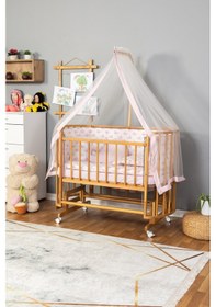 Resim Ahşap Beşik Anne Yanı Beşik Doğal Vernikli 60x120 Pembe Balina Uyku Seti Yatak Tekerlekli Ahşap 