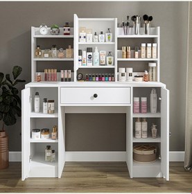 Resim Glamo Aynalı Makyaj Masası - Tek Çekmeceli, 2 Dolaplı , Takı Düzenleyici Mat Beyaz Beyaz 