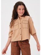 Resim Genç Kız Çocuk Cep Desen Detaylı Kısa Kollu Gömlek Bej 