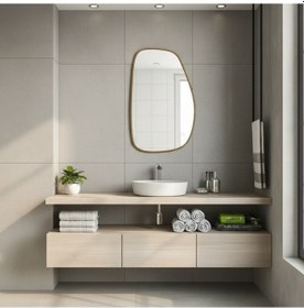 Resim 60x96 Cm Modern Organik Form Banyo Aynası Altın Çerçeveli Asimetrik Duvar Aynası Minimalist Şık Dekor Ayna Altın 