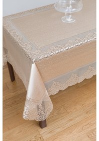 Resim Çini Desenli Örme Leke Tutmaz Masa Örtüsü Sütlü Kahverengi 
