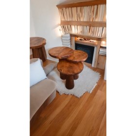 Resim Wood Wooden Ahşap 3lü Set Fitilli Mantar Yan Sehpa Modern Fındık Renk Fiskos 