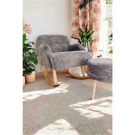 Resim Sallanan Ahşap Ayaklı , Gri Peluş,rengi Berjer Koltuk - Puf Hediyeli 