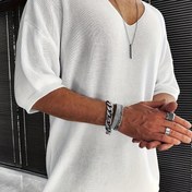 Resim Erkek Casual V Yaka Örgü Kazak - Bol Kesim, Kısa Kollu, Düz Renk, Hafif Viskon, Yaz için İdeal, Casual Giyim|Rahat Kesim Üst|Örgü Dokusu 