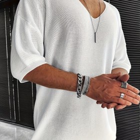 Resim Erkek Casual V Yaka Örgü Kazak - Bol Kesim, Kısa Kollu, Düz Renk, Hafif Viskon, Yaz için İdeal, Casual Giyim|Rahat Kesim Üst|Örgü Dokusu 